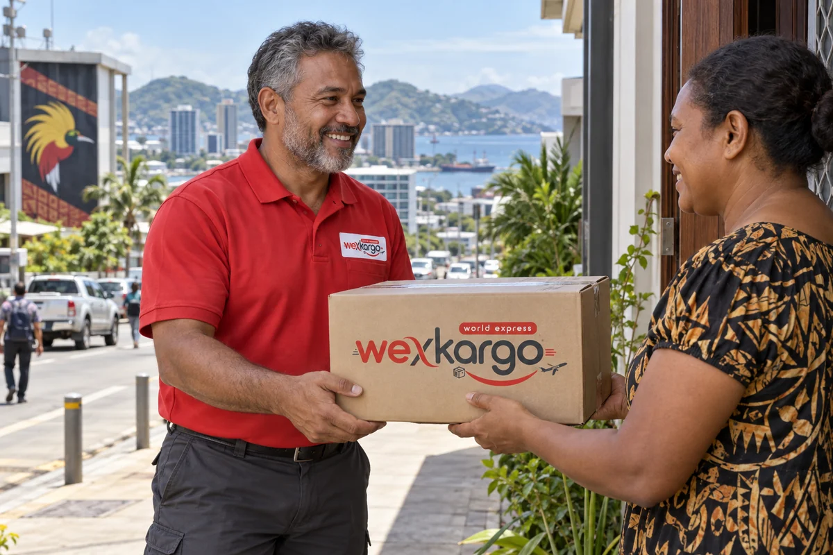 Papua Yeni Gine sokaklarında wexKargo kuryesinin alıcıya koli teslim ettiği teslimat sahnesi