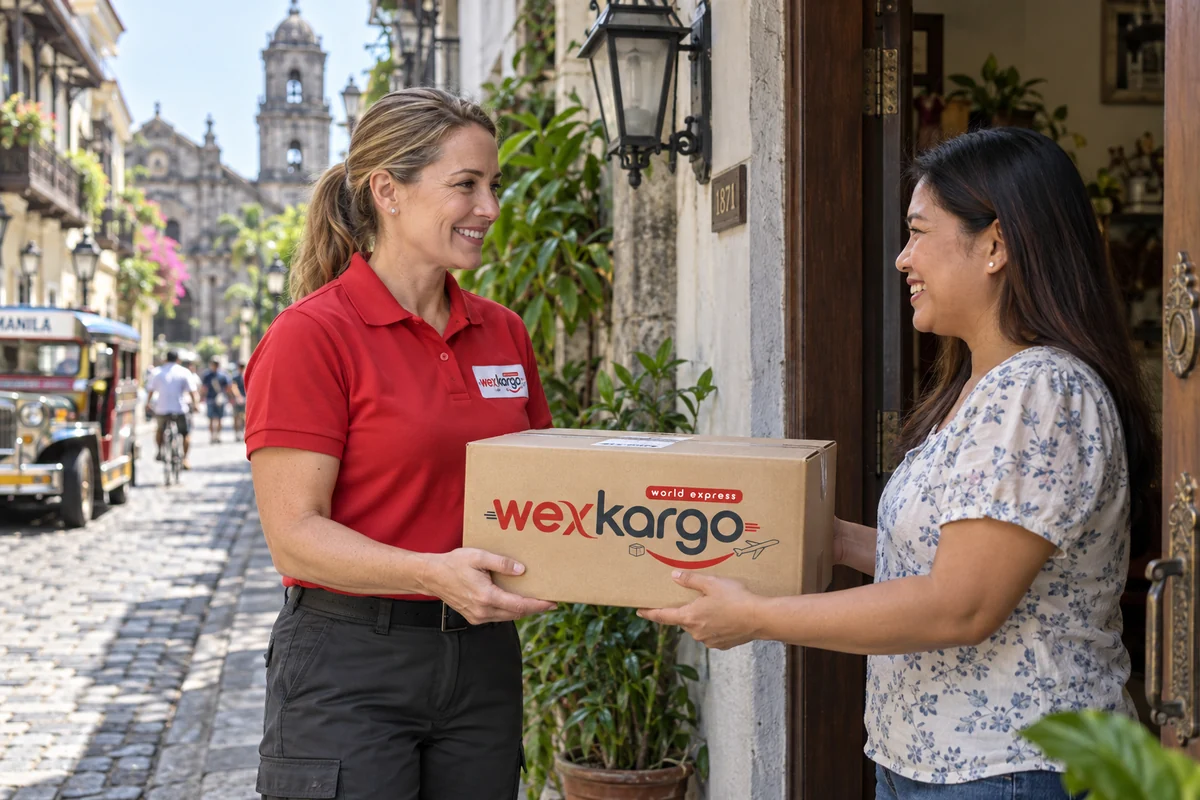 Filipinler sokaklarında wexKargo kuryesinin alıcıya koli teslim ettiği teslimat sahnesi