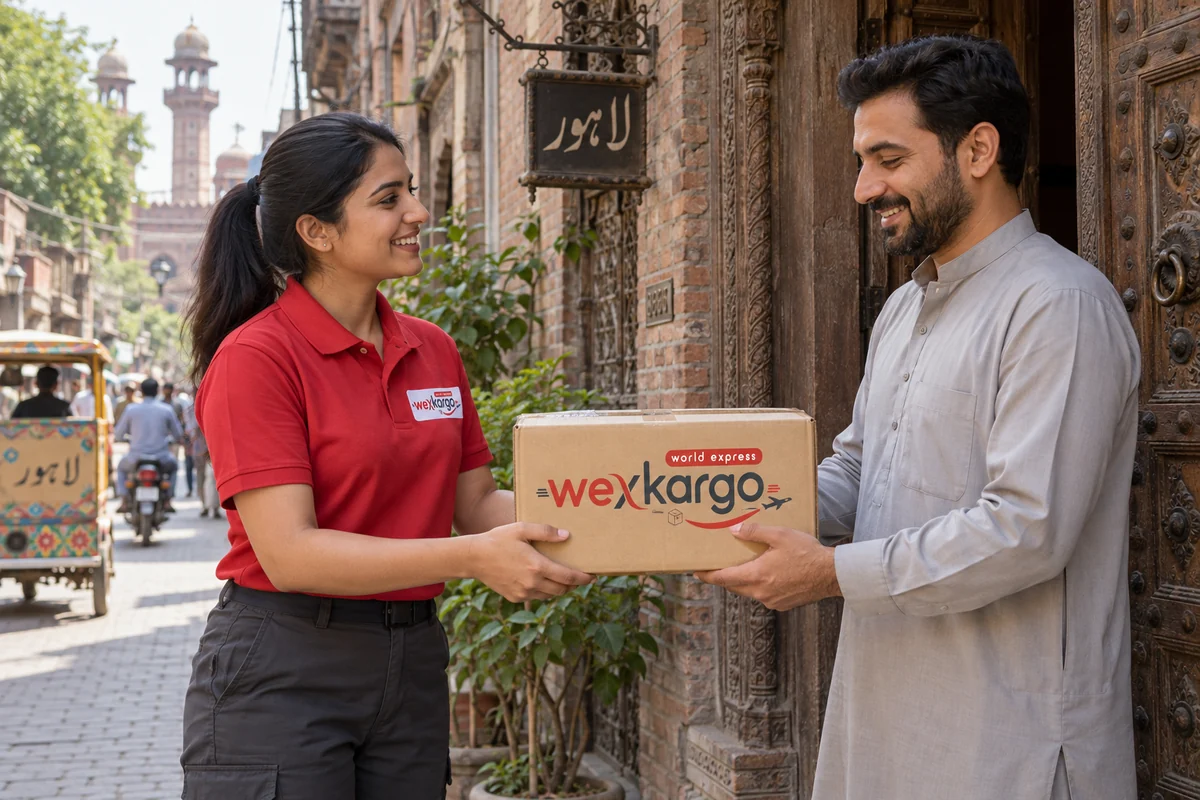 Pakistan sokaklarında wexKargo kuryesinin alıcıya koli teslim ettiği teslimat sahnesi
