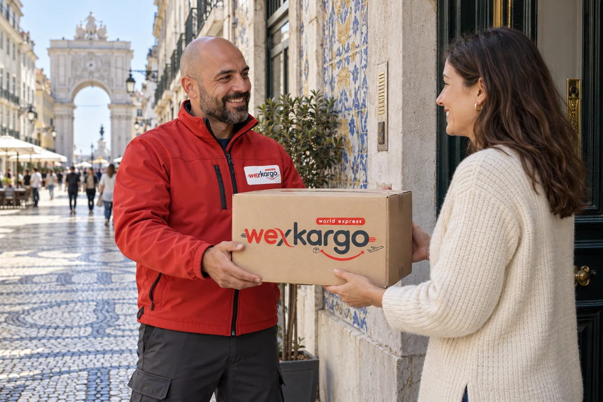 Portekiz sokaklarında wexKargo kuryesinin alıcıya koli teslim ettiği teslimat sahnesi
