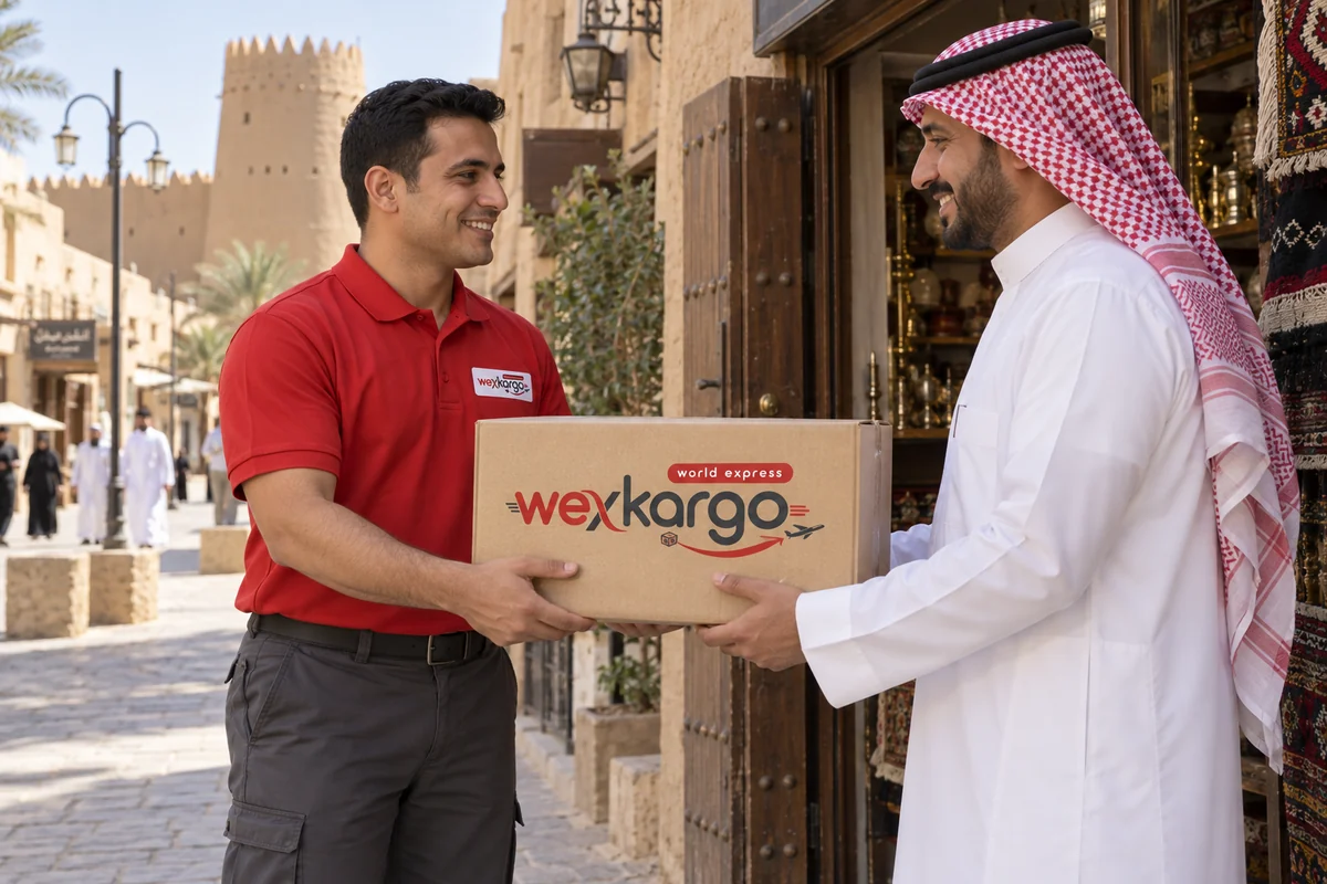 Suudi Arabistan sokaklarında wexKargo kuryesinin alıcıya koli teslim ettiği teslimat sahnesi