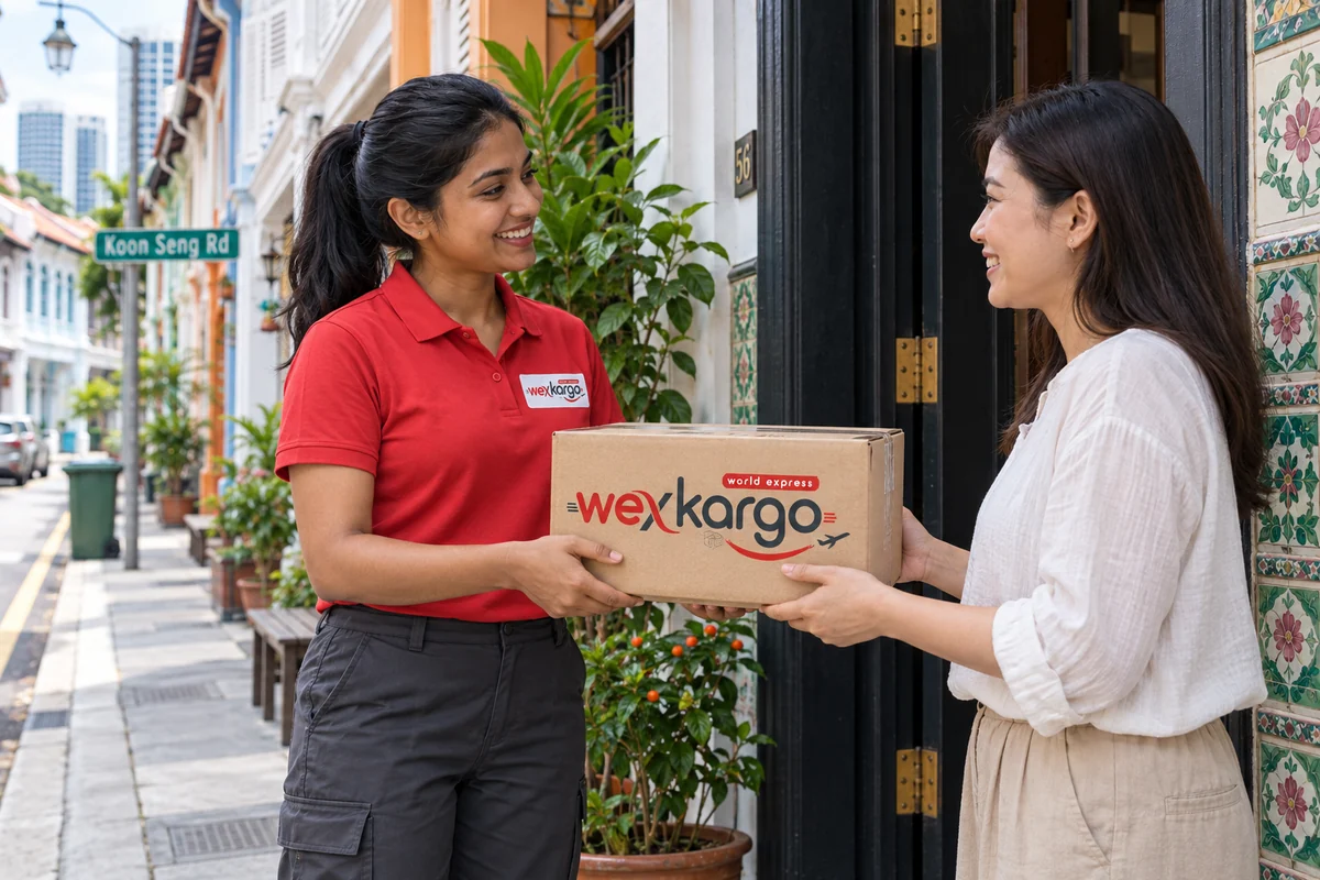 Singapur sokaklarında wexKargo kuryesinin alıcıya koli teslim ettiği teslimat sahnesi