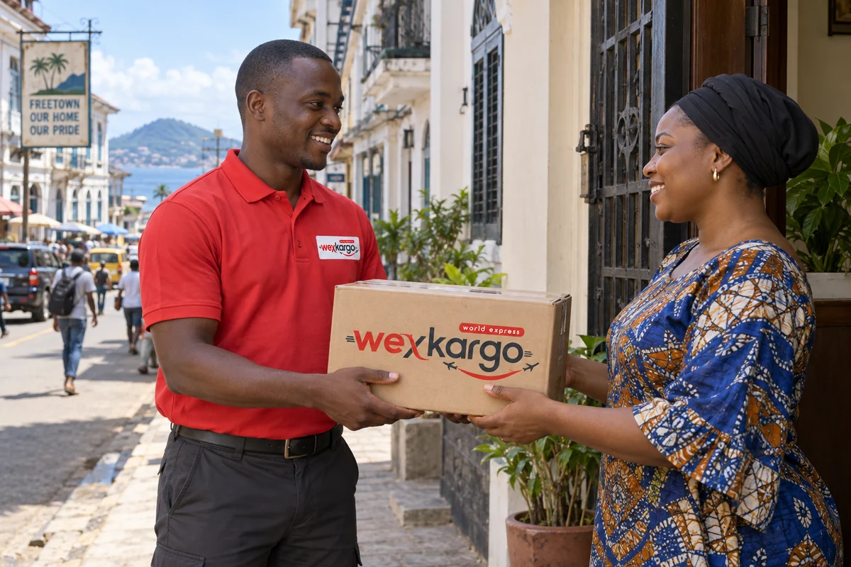 Sierra Leone sokaklarında wexKargo kuryesinin alıcıya koli teslim ettiği teslimat sahnesi