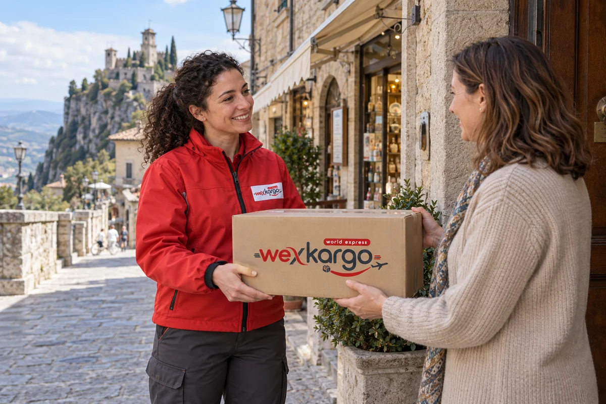 San Marino sokaklarında wexKargo kuryesinin alıcıya koli teslim ettiği teslimat sahnesi
