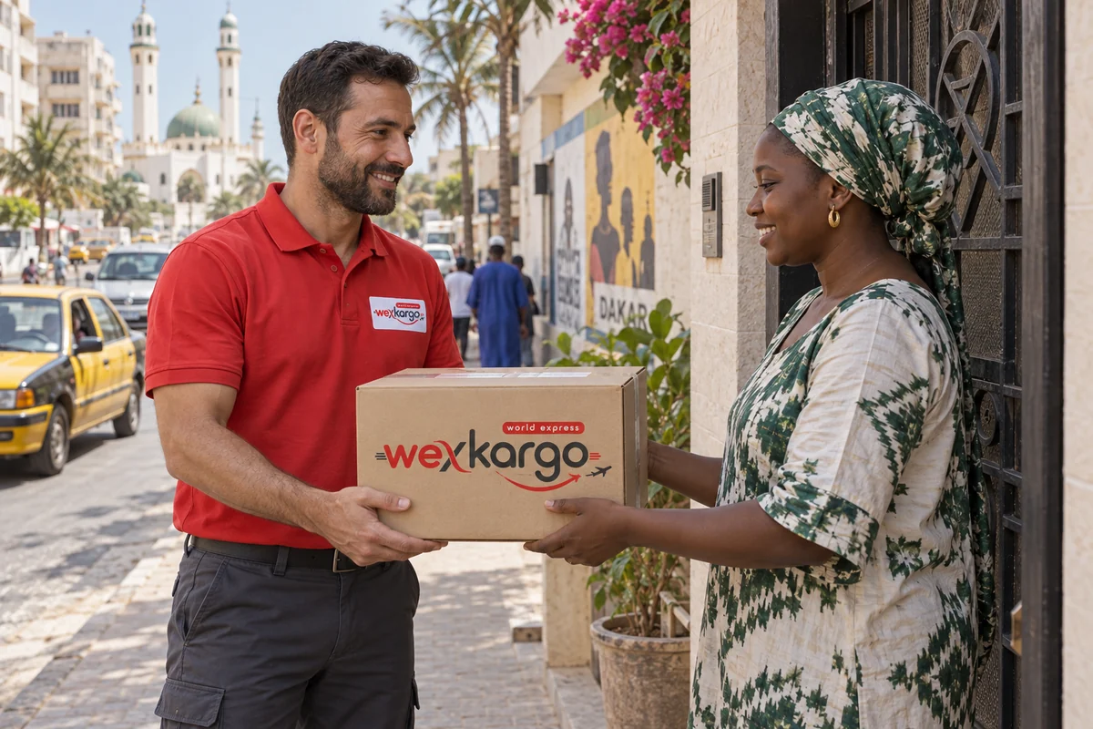 Un mensajero de wexKargo entrega un paquete a su destinatario en una calle de Senegal