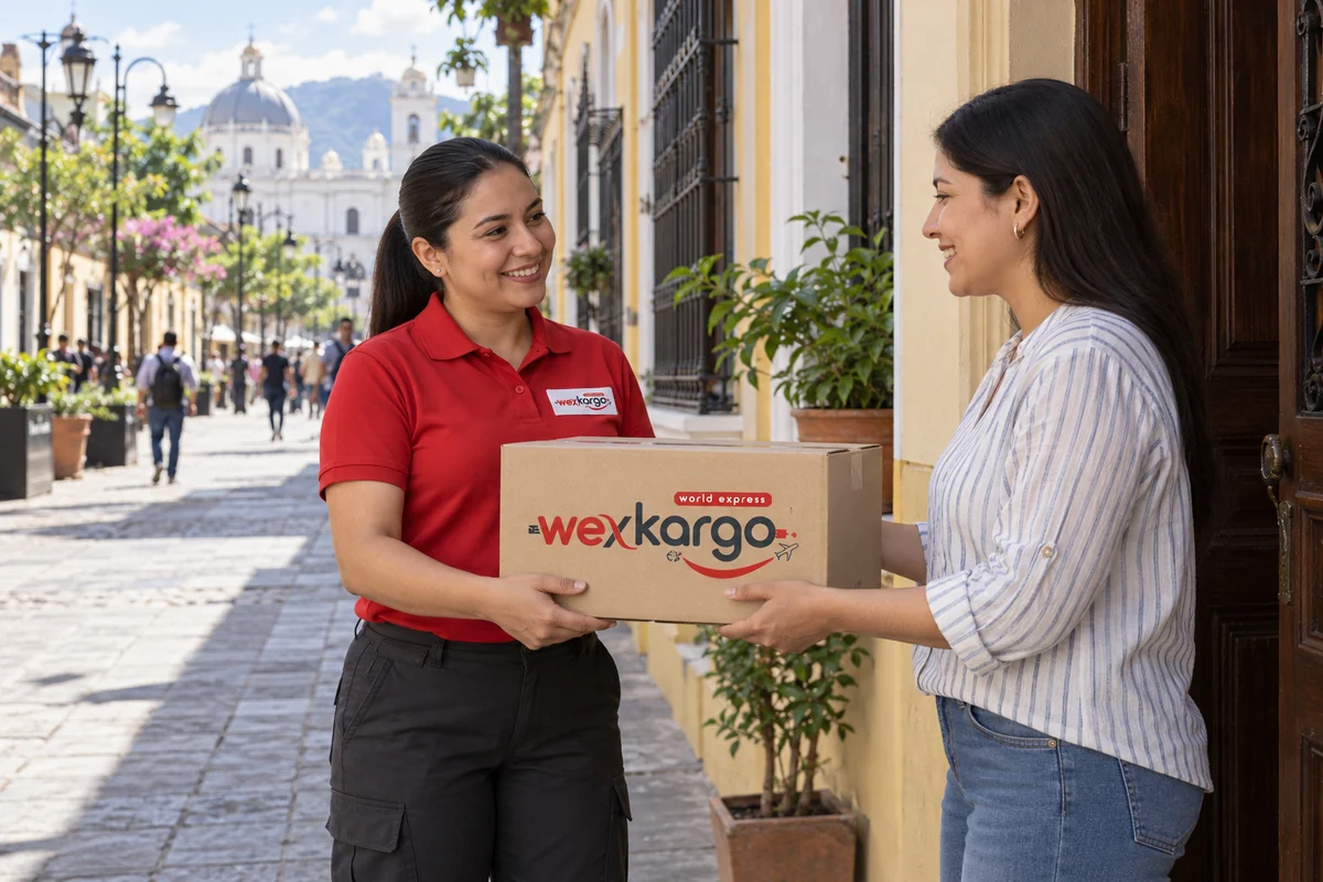 El Salvador sokaklarında wexKargo kuryesinin alıcıya koli teslim ettiği teslimat sahnesi