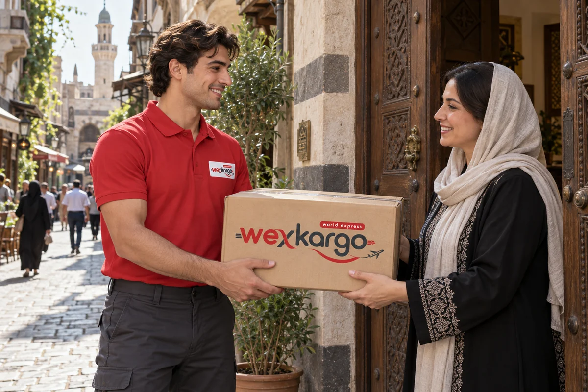 Suriye sokaklarında wexKargo kuryesinin alıcıya koli teslim ettiği teslimat sahnesi