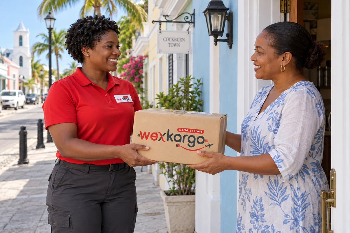 Turks ve Caicos Adaları sokaklarında wexKargo kuryesinin alıcıya koli teslim ettiği teslimat sahnesi