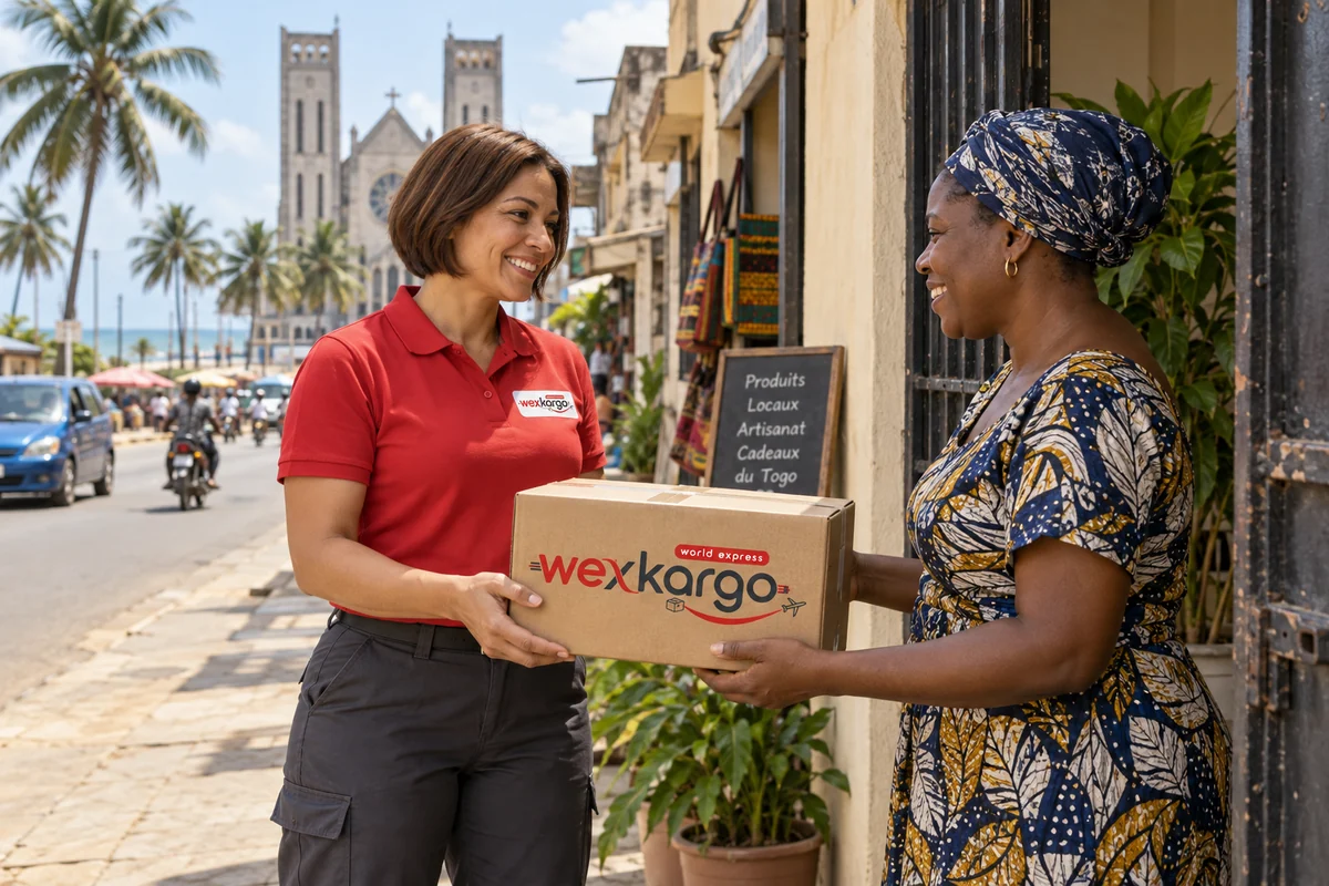 Togo sokaklarında wexKargo kuryesinin alıcıya koli teslim ettiği teslimat sahnesi