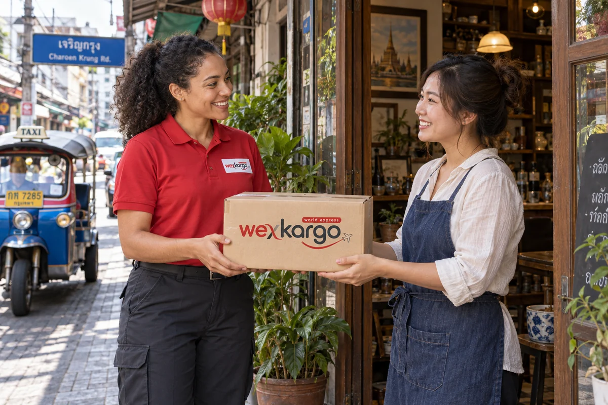 Tayland sokaklarında wexKargo kuryesinin alıcıya koli teslim ettiği teslimat sahnesi