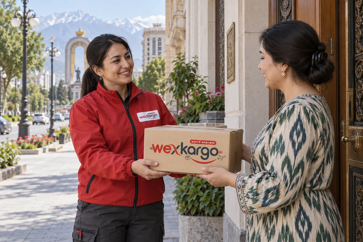 Tacikistan sokaklarında wexKargo kuryesinin alıcıya koli teslim ettiği teslimat sahnesi