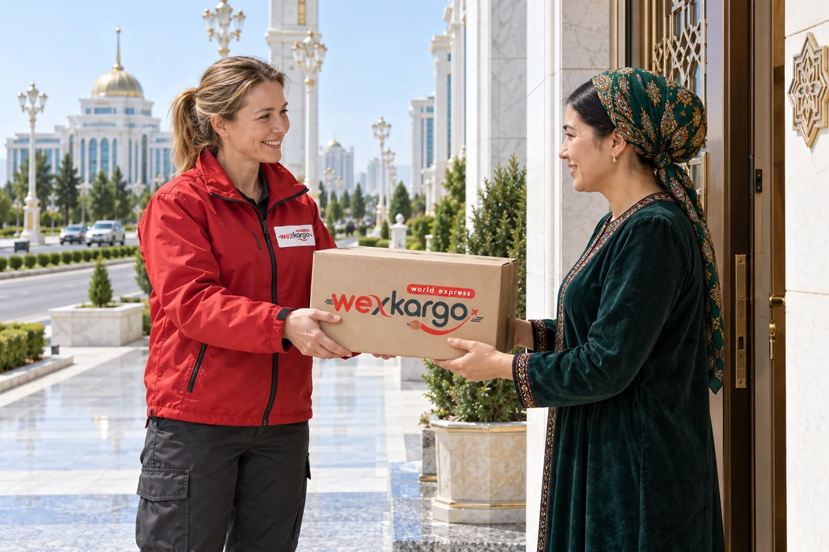 Türkmenistan sokaklarında wexKargo kuryesinin alıcıya koli teslim ettiği teslimat sahnesi
