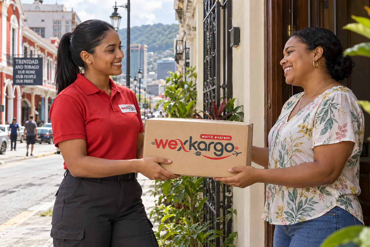 Trinidad ve Tobago sokaklarında wexKargo kuryesinin alıcıya koli teslim ettiği teslimat sahnesi