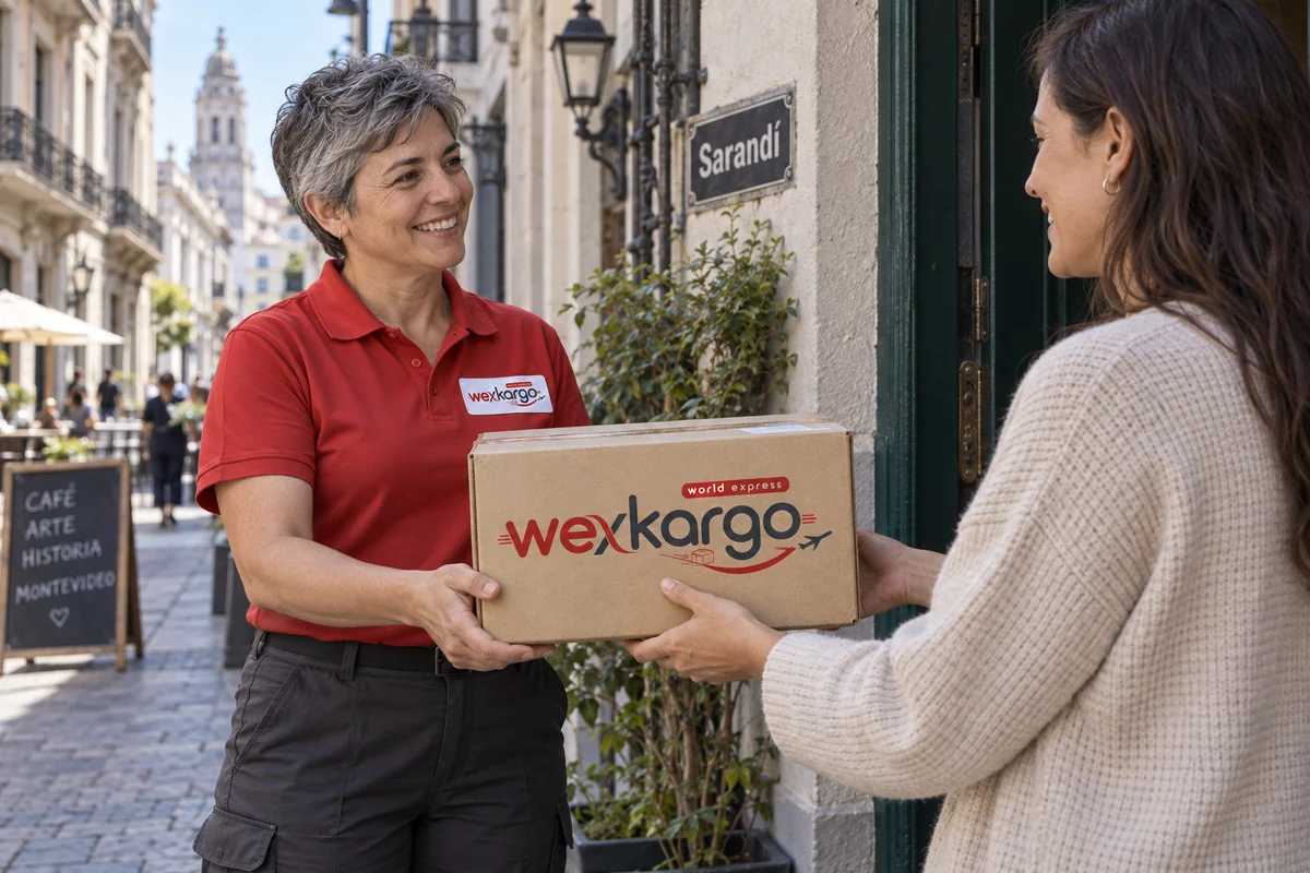 Uruguay sokaklarında wexKargo kuryesinin alıcıya koli teslim ettiği teslimat sahnesi