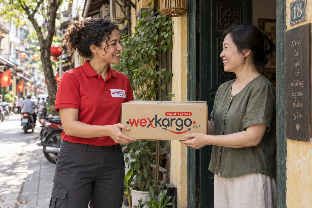 Vietnam sokaklarında wexKargo kuryesinin alıcıya koli teslim ettiği teslimat sahnesi