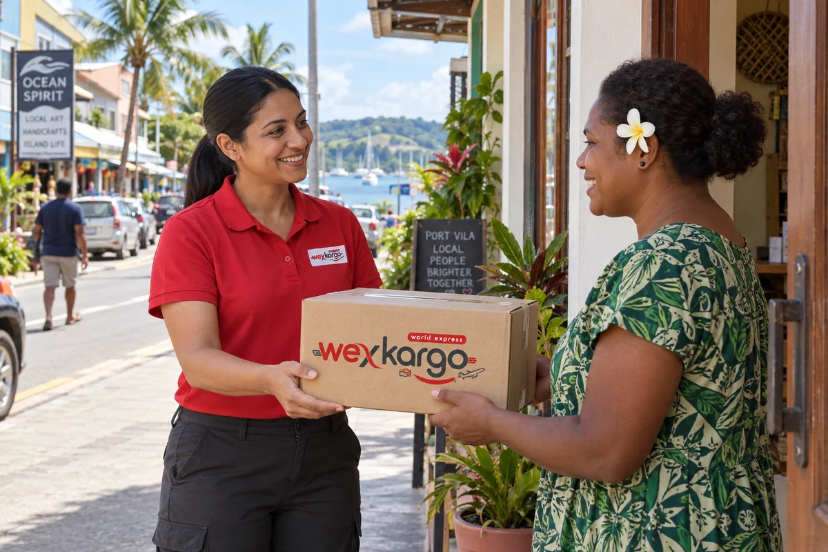 Vanuatu sokaklarında wexKargo kuryesinin alıcıya koli teslim ettiği teslimat sahnesi