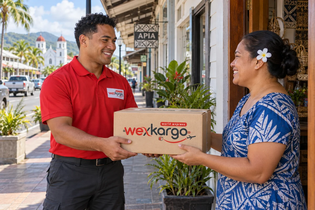 Samoa sokaklarında wexKargo kuryesinin alıcıya koli teslim ettiği teslimat sahnesi