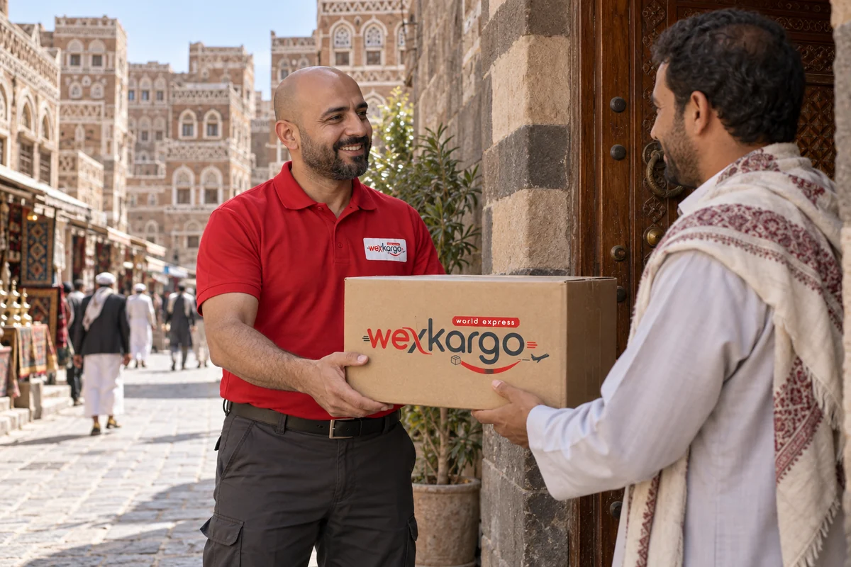 Yemen sokaklarında wexKargo kuryesinin alıcıya koli teslim ettiği teslimat sahnesi