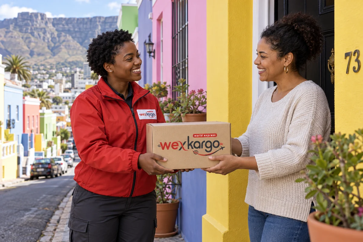 Güney Afrika sokaklarında wexKargo kuryesinin alıcıya koli teslim ettiği teslimat sahnesi