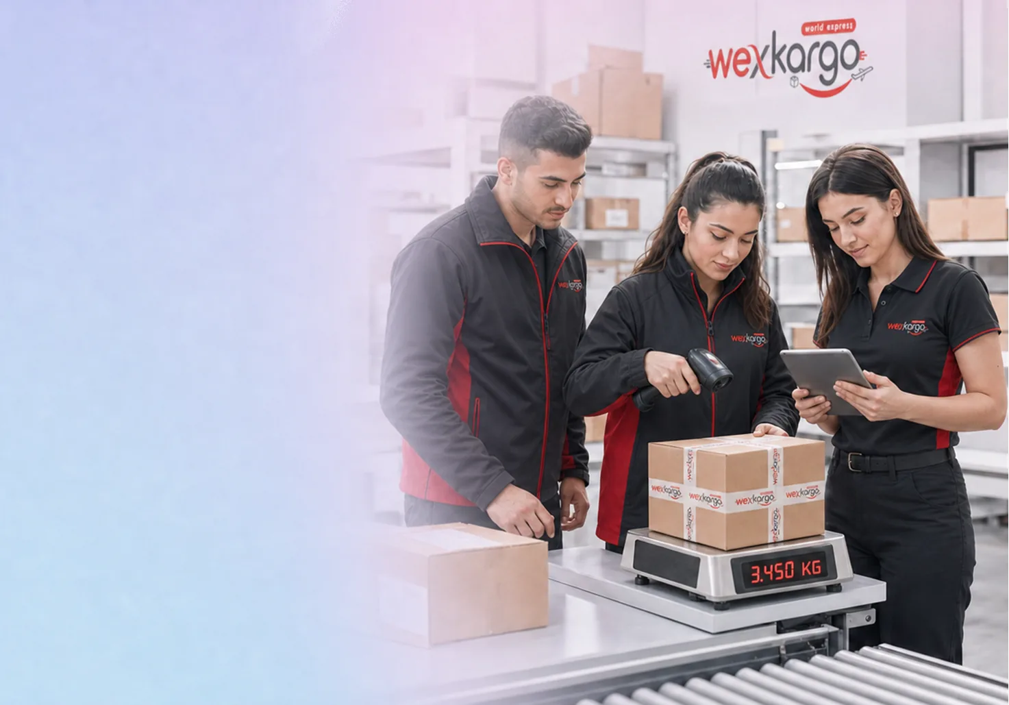 wexKargo ekibi depoda gönderinin tartım ve barkod kontrolünü yapıyor